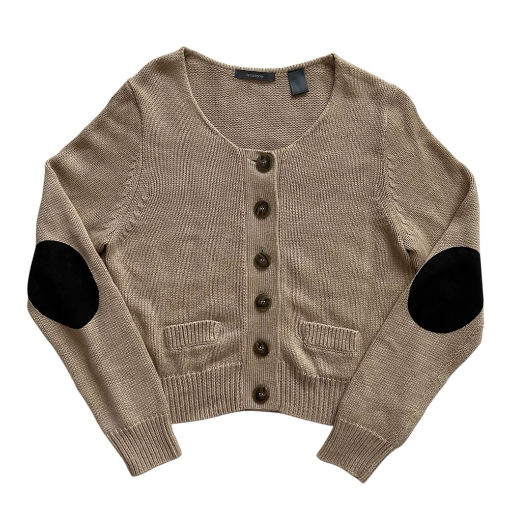 Liz Claiborne Cotton Blend Beige Brown Academia Button Down‎ Cardigan Size L